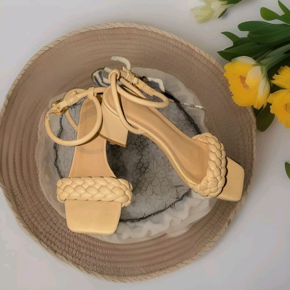 Rilista Women's Nude Braided Open Toe Ankle Strap Low Block Chunky Heels Sz 6.5